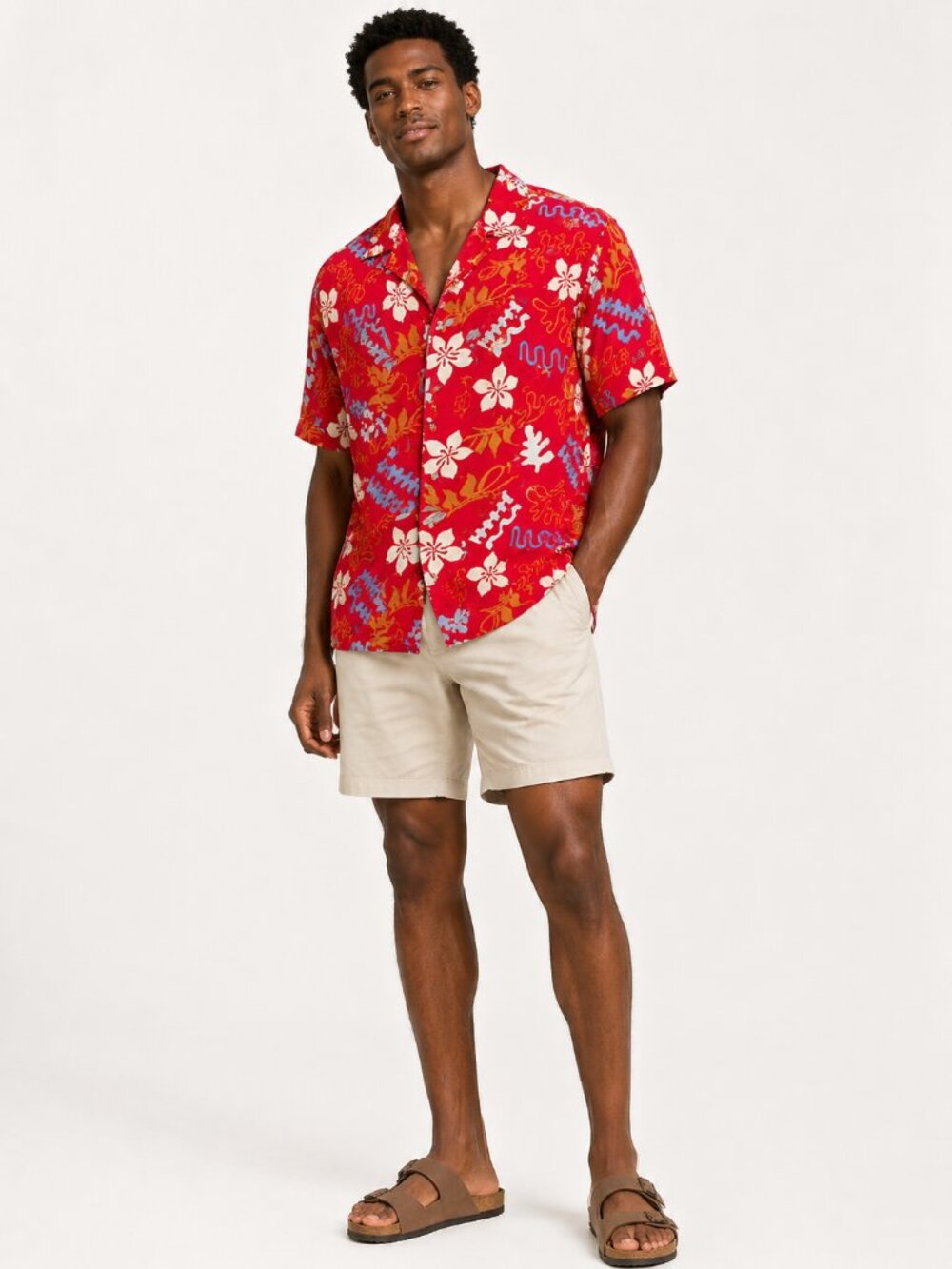 Barefoot in Paradise Hawaiian Shirt Red Floral Size L Cotton Resort NWT